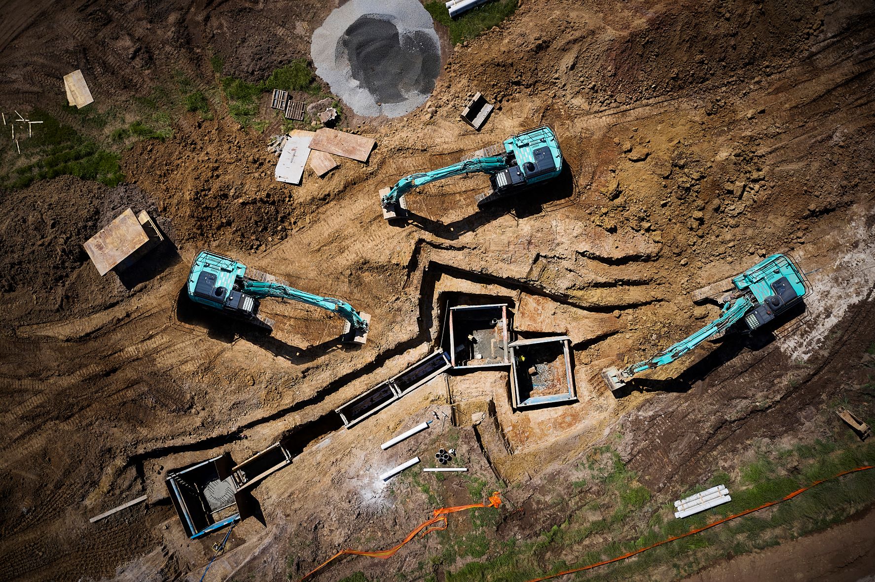 Aerial view of Brazzo Civil excavators working on a construction site